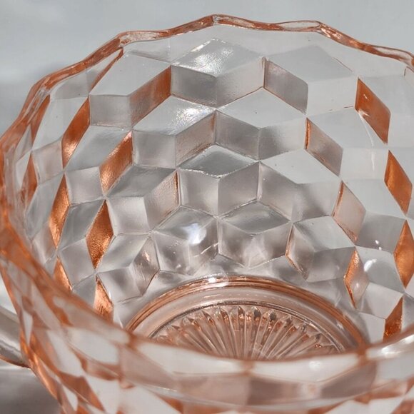 Pink Depression Glass Creamer Sugar Bowl Set Diamond Pattern Handles - Picture 7 of 10
